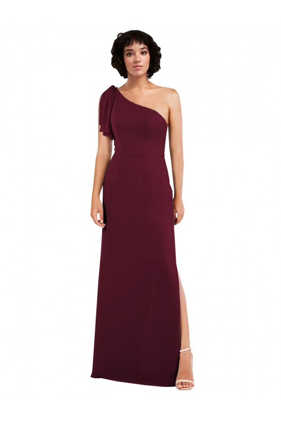 One Shoulder Chiffon Bridesmaid Dress with Skirt Slit and Accent Strap