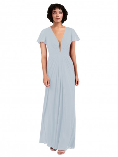 Cheap Deep V-Neckline Chiffon Bridesmaid Dress with Flutter Sleeves