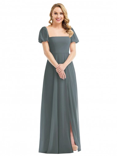 Cheap Puff Sleeves Chiffon Maxi Bridesmaid Dress with Front Slit