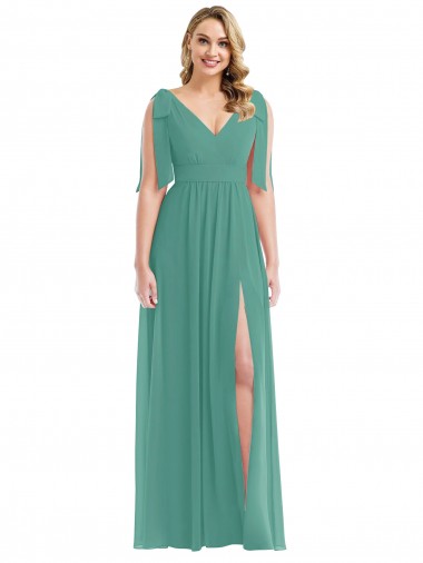 Cheap Plunge Neckline Bow Shoulder Chiffon Maxi Bridesmaid Dress