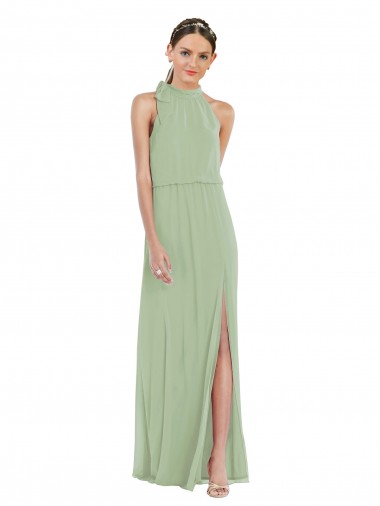 Cheap High Neck Scarf Tie Blouson Bodice Maxi Bridesmaid Dress with Front Slit