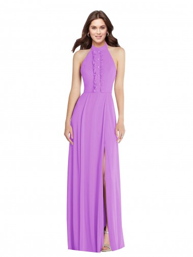Cheap Halter Backless Maxi Bridesmaid Dress with Button Ruffle Placket