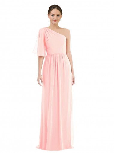 Cheap One Shoulder Bell Sleeves Chiffon Maxi Bridesmaid Dress