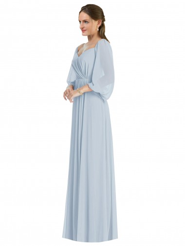 Cheap Off the Shoulder Puff Sleeve Maxi Bridesmaid Dress with Front Slit