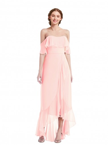 Cheap Off the Shoulder Ruffled High Low Maxi Bridesmaid Dress