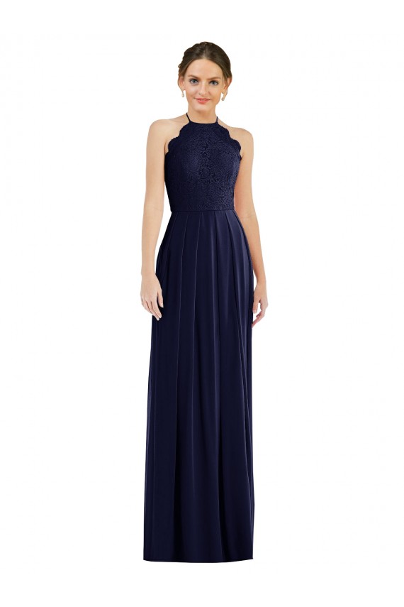 Tie Neck Lace Halter Pleated Skirt Maxi Bridesmaid Dress