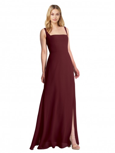 Cheap Square Neckline Soft A-Line Chiffon Bridesmaid Dress with Side Slit