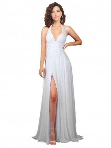 Cheap Halter Plunge V-Neckline Chiffon Dress with High Leg Split