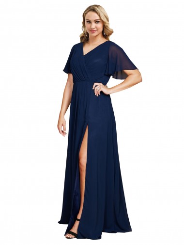 Cheap Chiffon V-Neck Short Sleeves Long Bridesmaid Dress with High Slit