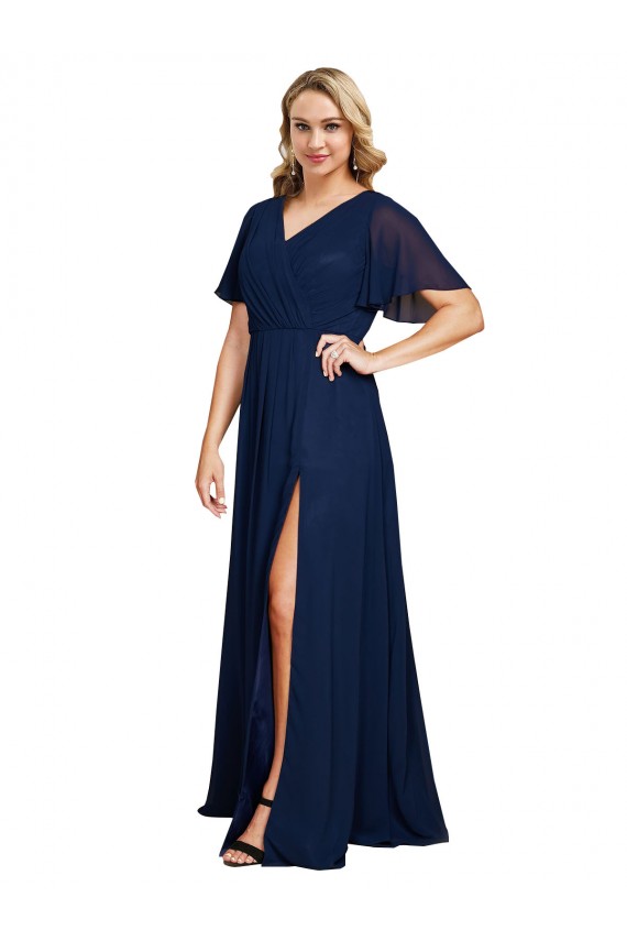 Chiffon V-Neck Short Sleeves Long Bridesmaid Dress with High Slit