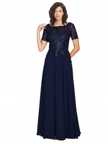 Cheap Short Sleeves A-Line Long Chiffon Bridesmaid Dress with Beaded Bodice