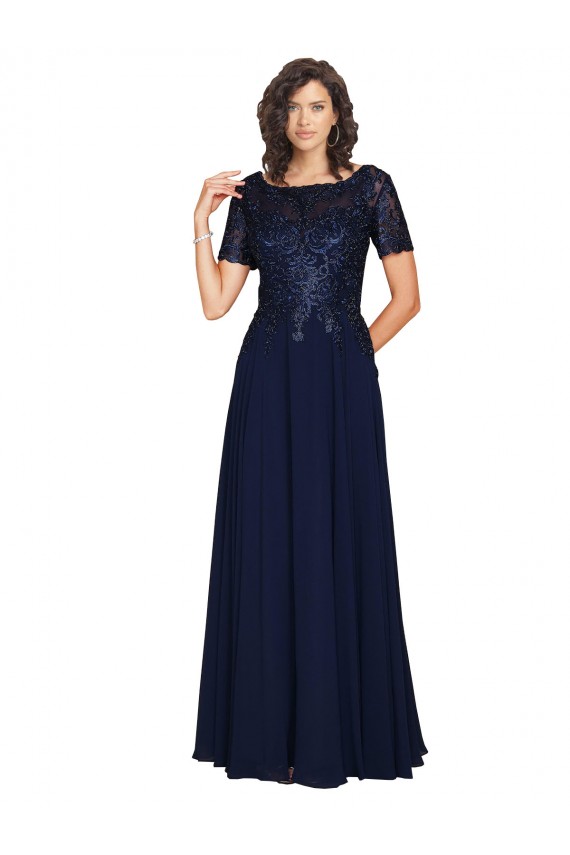 Short Sleeves A-Line Long Chiffon Bridesmaid Dress with Beaded Bodice