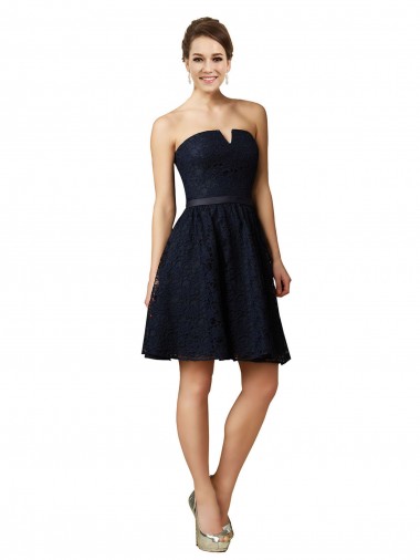 Cheap Classic Knee Length Lace Bridesmaid Dress with Notched Neckline