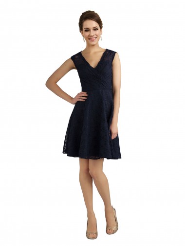Cheap Short V-Neck Lace Bridesmaid Dress with Illusion Back