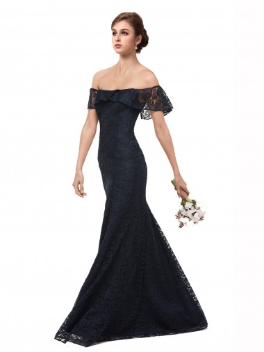 Cheap Off the Shoulder Long Lace Bridesmaid Dress with Flutter Sleeves