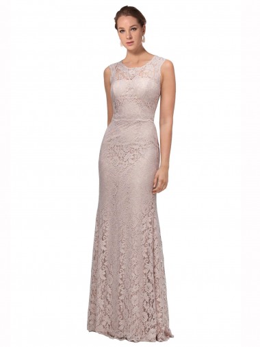 Cheap Long Sleeveless All Lace Bridesmaid Dress with Scoop Neckline