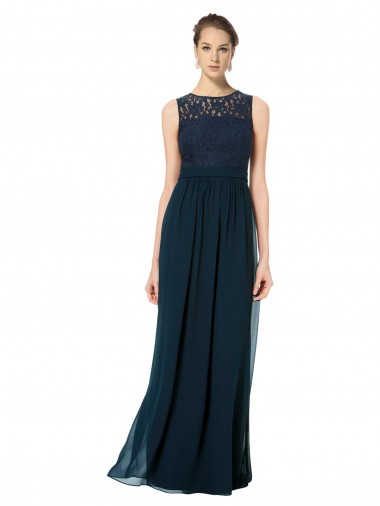 Cheap Long Chiffon Bridesmaid Dress with Lace Sleeveless Bodice and Keyhole Back