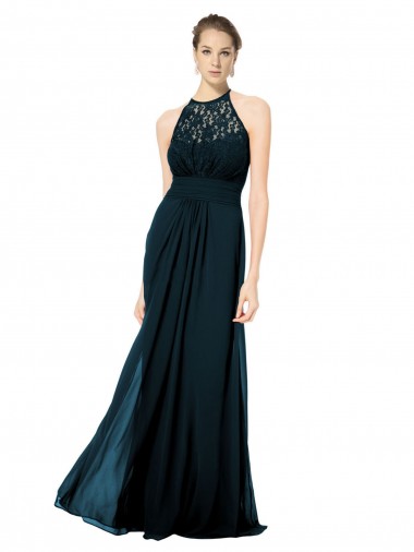 Cheap Lace Halter Bodice Long Chiffon Bridesmaid Dress