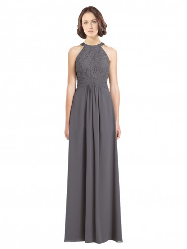 Cheap Long Chiffon Bridesmaid Dress with Corded Lace Bodice