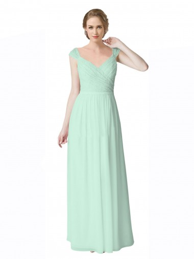 Cheap Long Chiffon Bridesmaid Dress with Corded Lace V-Neck Bodice