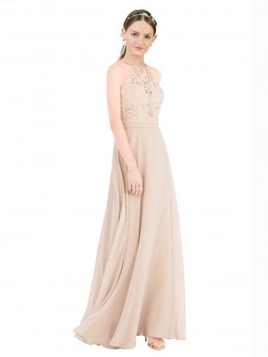 Cheap High Halter Neck Illusion Lace Bridesmaid Dress with Chiffon Skirt and Keyhole Back