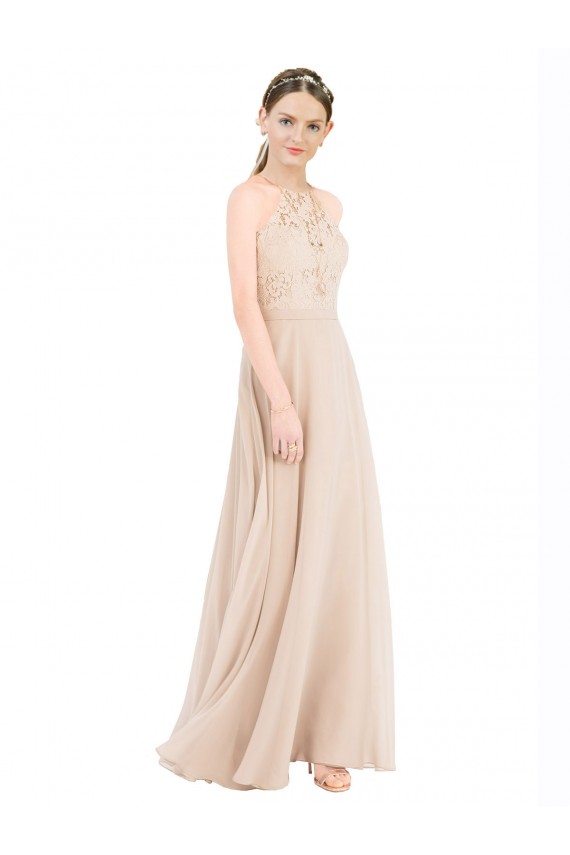 High Halter Neck Illusion Lace Bridesmaid Dress with Chiffon Skirt and Keyhole Back