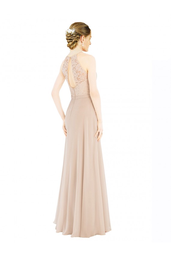 High Halter Neck Illusion Lace Bridesmaid Dress with Chiffon Skirt and Keyhole Back