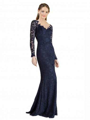 Cheap Illusion Long Sleeves Lace Bridesmaid Dress with Sheer Keyhole Back
