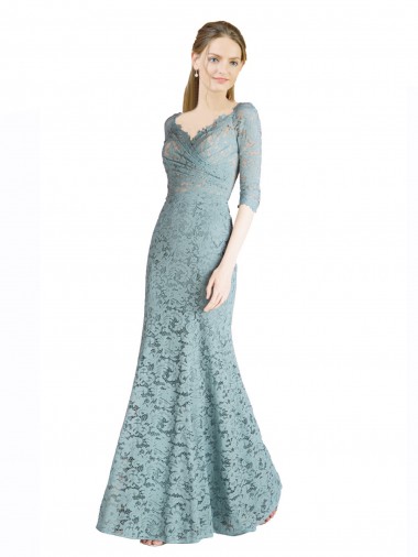 Cheap Half Sleeves Pleated Lace Bridesmaid Dress with Wrap-Around Portrait Neckline