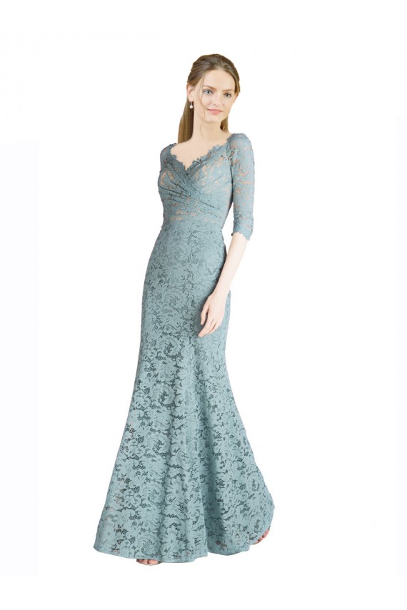 Half Sleeves Pleated Lace Bridesmaid Dress with Wrap-Around Portrait Neckline