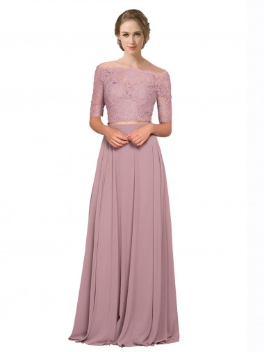 Cheap Off the Shoulder Lace Crop Top A-Line Chiffon Bridesmaid Dress