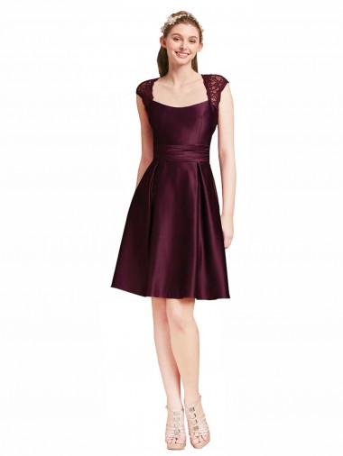 Cheap Short Knee Length Lace Bridesmaid Dress with Square Neck