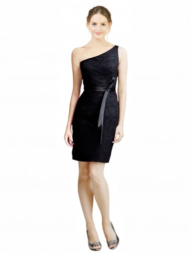 Cheap One Shoulder Short Lace Bridesmaid Dress with Satin Waistband