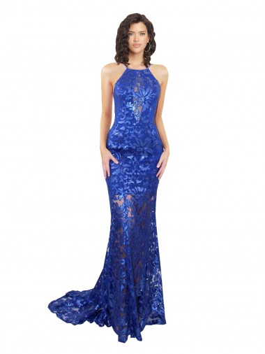 Cheap High Neck Long Open Back Lace Bridesmaid Dress with Train