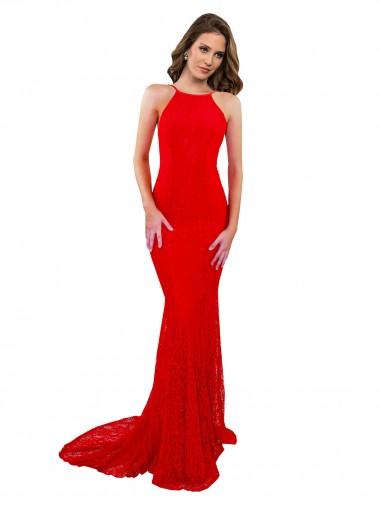 Cheap High Neck Long Lace Bridesmaid Dress with Open Back Straps
