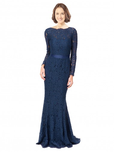 Cheap Long Sleeves Floor Length Vintage Lace Bridesmaid Dress with Deep V-Back