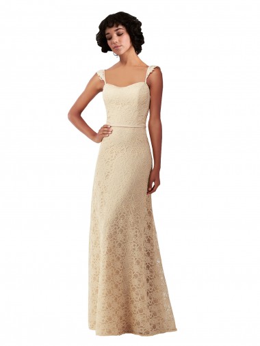 Cheap Lace A-Line Long Bridesmaids Dress with Satin Waistband
