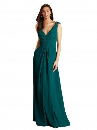 Cheap Long A-Line Lace and Chiffon Bridesmaid Dress with Open Back