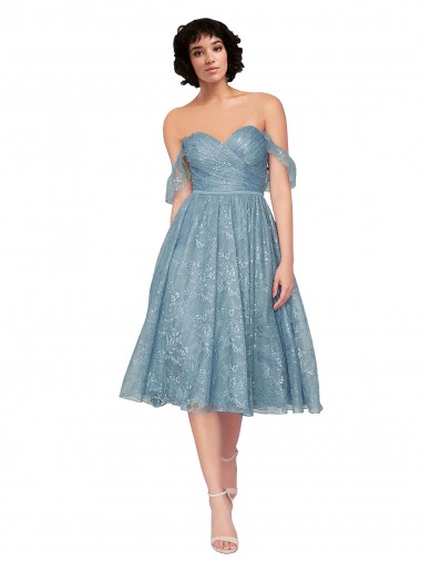 Cheap Off the Shoulder Sweetheart Chantilly Lace Midi Length Bridesmaid Dress