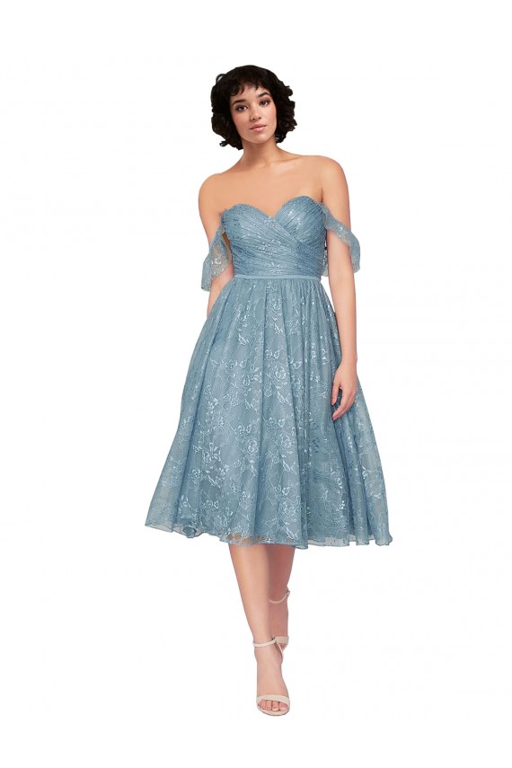 Off the Shoulder Sweetheart Chantilly Lace Midi Length Bridesmaid Dress