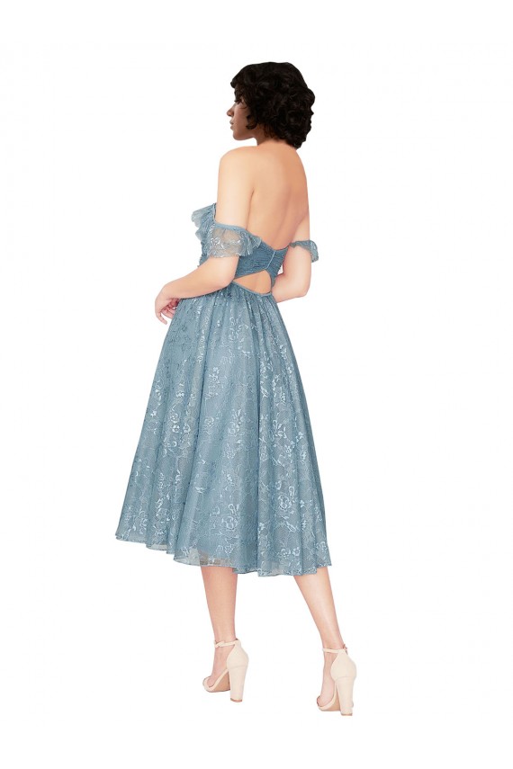 Off the Shoulder Sweetheart Chantilly Lace Midi Length Bridesmaid Dress
