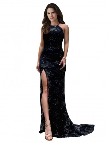 Cheap High Neckline Lace Open Back Bridesmaid Dress with High Slit