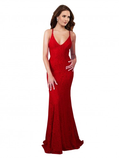 Cheap Low Back V-Neckline Floor Length Lace Bridesmaid Dress