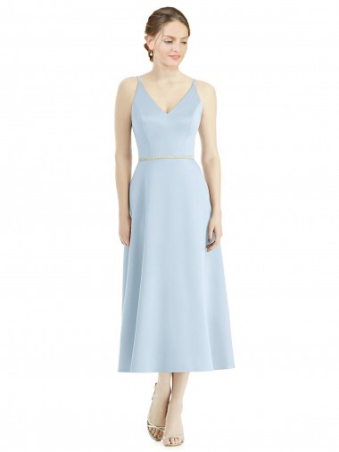 Cheap Short Tea Length V-Neck Satin Bridesmaid Dress