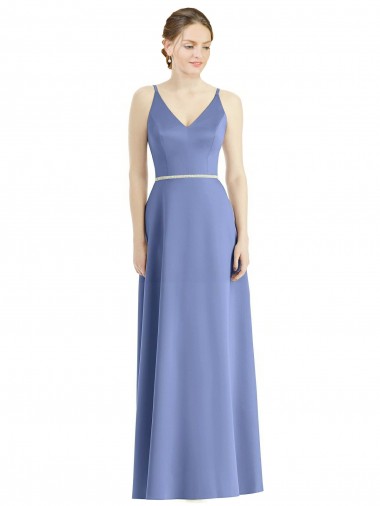 Cheap Long Floor Length V-Neck Satin Bridesmaid Dress with Spaghetti Straps