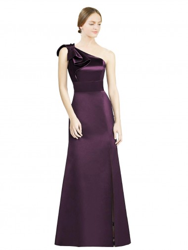 Cheap Full Length One Shoulder Satin Bridesmaid Dress with Bow Shoulder Detail