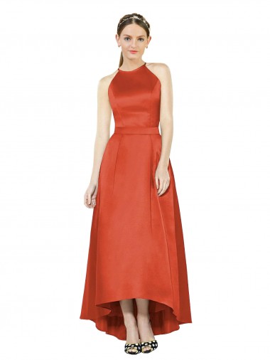Cheap Full Length Halter Satin Bridesmaid Dress with Hi-Low Hem Detail