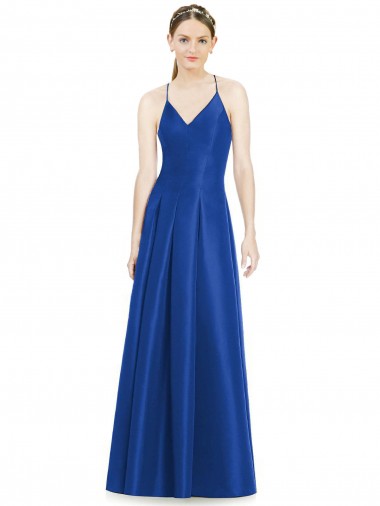Cheap Full Pleated V-Neck Long Satin Bridesmaid Dress with Criss Cross Open Back