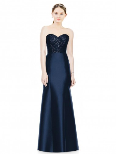 Cheap Full Length Strapless Satin Bridesmaid Dress with Lace Sweetheart Neckline