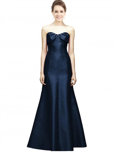 Cheap Long Strapless Satin Bridesmaid Dress with Pleated Cuff Neckline